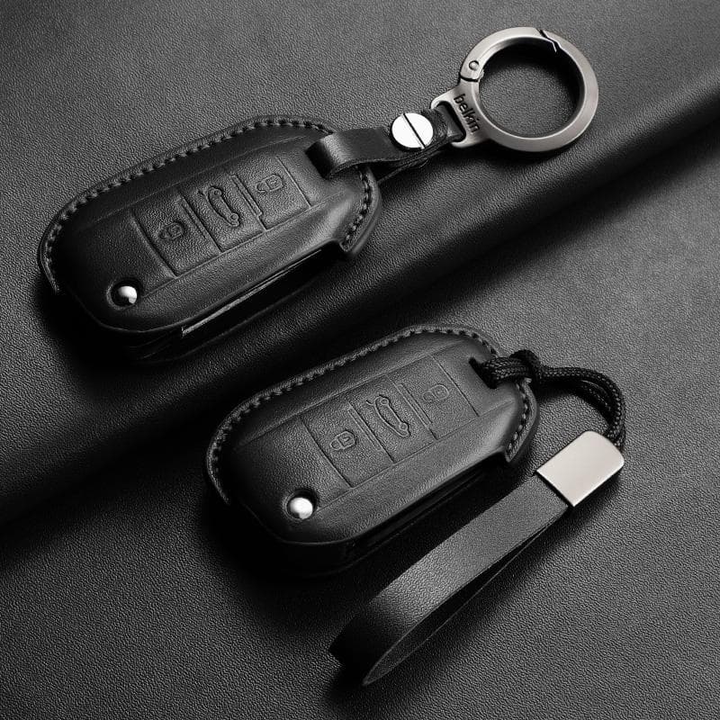 Personalized key fob cover in black leather