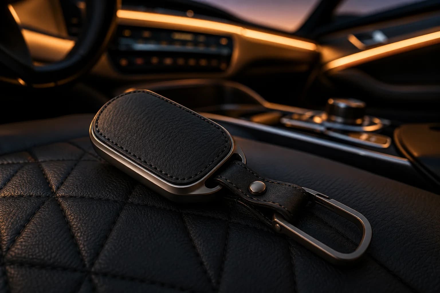 Keyvane key fob cover with leather keychain resting on a quilted leather car seat at dusk
